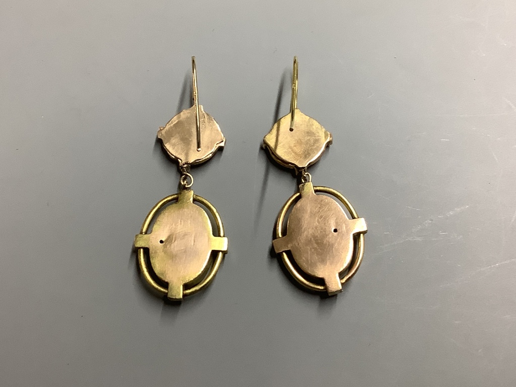 A pair of yellow metal, diamond and seed pearl set drop earrings, 34 mm, gross 9.3 g.